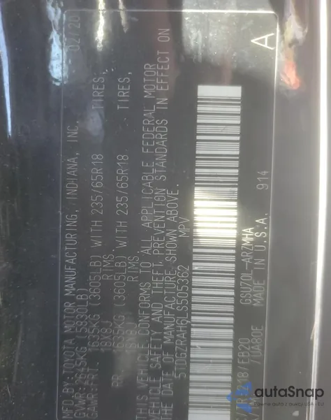 2020 Toyota Highlander Xle из США, поврежденный, VIN 5TDGZRAH6LS505362